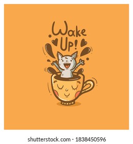 Morning card with cute cartoon cat.  Cheerful kitten sits in  mug with coffee. Wake up and drink hot tea. Funny animal. Vector contour colorful image. Illustration for kids. 