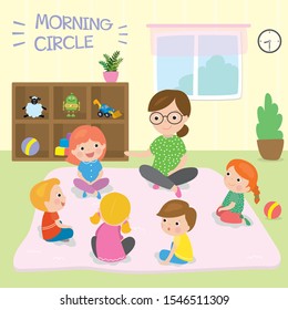 Morning Circle Preschool Cartoon Woman Teacher Stock Vector (Royalty ...