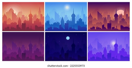 Morning city. Day and night cityscape. Sunrise sky at afternoon time. Downtown sunset view. Daytime or nighttime landscapes set. Dusk and midnight scenery. Vector cartoon illustration