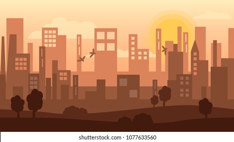 Morning city in flat style. Vector illustration in brown colors. Town silhouette
