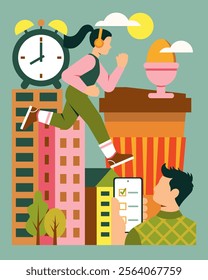 Morning in the city. Morning jog. Start of the working day. Vector color illustration.