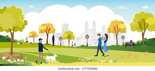 Morning City lifestyle of people in Autumn time, Happy family having fun and enjoying in city park,Graphic eco environment day. Vector cute cartoon for Summer and early Autumn banner