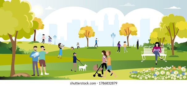 Morning City lifestyle of people in Autumn time, Happy family having fun and enjoying in city park,Graphic eco environment day. Vector cute cartoon for Summer and early Autumn banner