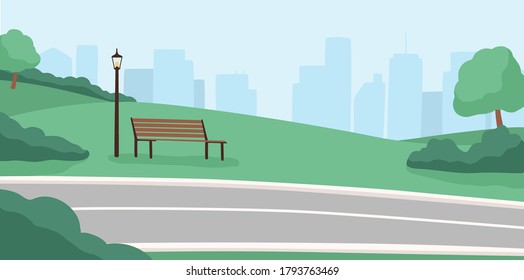 Morning city park, empty public place, high rise buildings. Cityscape with trees, bushes, lanterns, bicycle path, benches. Morning serenity, daytime park. Flat vector illustration in cartoon style