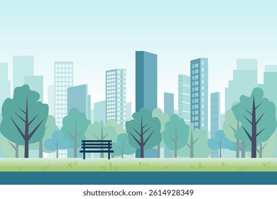 Morning city park with green trees and grass, bench and path on the background of buildings. Vector illustration of city park for design and background.