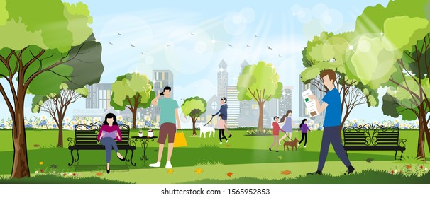 Morning city park with happy family having fun,girl walking the dog, young boy talking on phone,man reading news paper and women sitting on bench reading a book,City lifestyle of people in Summer time