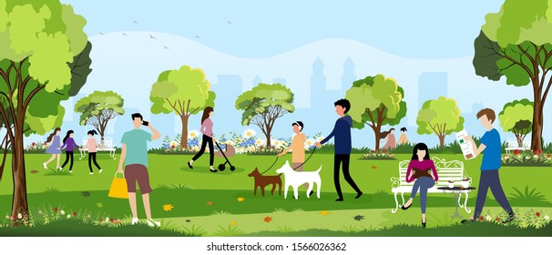 Morning City Park With Happy Family Having Fun,girl Walking The Dog, Young Boy Talking On Phone,man Reading News Paper And Women Sitting On Bench Reading A Book,City Lifestyle Of People In Summer Time