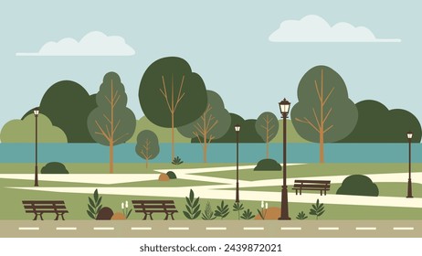 Morning City public park Landscape with Trees, Sky, and Green Fields under the Summer Sun
