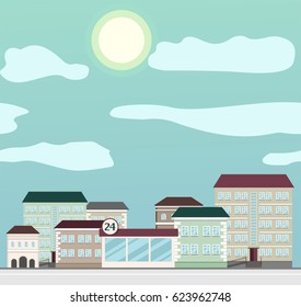 Morning city scape with sun. Vector illustration