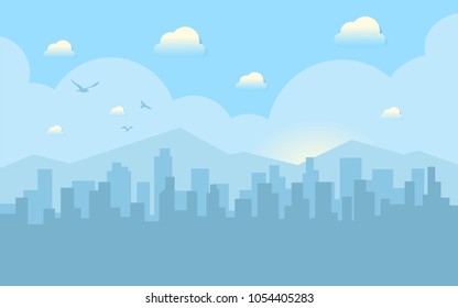 Morning city skyline. Buildings silhouette cityscape with mountains. Big city streets. Blue sky with sun and clouds. Vector illustration.