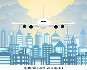 Morning city skyline. Buildings silhouette with windows cityscape. Big city streets. sky with sun and clouds. Plane flying over urban city. Vector illustration