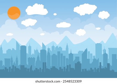 Horizonte de la ciudad de la mañana. Edificios silueta paisaje urbano con montañas. Grandes calles de la ciudad. Cielo azul con sol y nubes. Ilustración vectorial