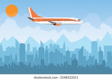 Horizonte de la ciudad de la mañana. Edificios silueta paisaje urbano con montañas. Grandes calles de la ciudad. Cielo con sol y nubes. Ilustración vectorial. Avión volando sobre la ciudad urbana. Ilustración vectorial