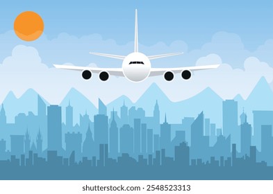 Horizonte de la ciudad de la mañana. Edificios silueta paisaje urbano con montañas. Grandes calles de la ciudad. Cielo con sol y nubes. Ilustración vectorial. Avión volando sobre la ciudad urbana. Ilustración vectorial