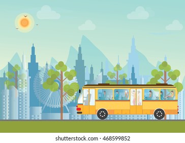 Morning city skyline on city view background and mountains, Buildings silhouette cityscape with passenger in public bus, flat design Vector illustration.