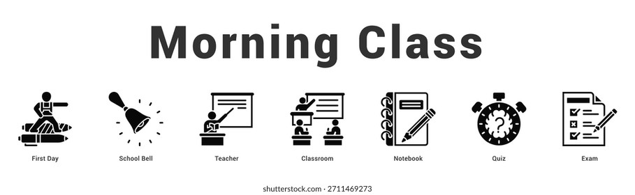 Morning Class Moderne und saubere Web-Banner-Illustration mit thematischen Symbolen für visuelle Kommunikation