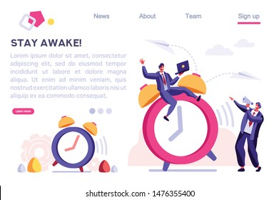 Morning Classic Minute Reminder. Work Deadline, Wake Alarm, Chronometer Concept. Bell on Time Device, Clock and People Ring. Cartoon Flat Vector Illustration Hero Image, Banner for Web Page.