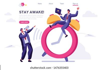 Morning Classic Minute Reminder. Work Deadline, Wake Alarm, Chronometer Concept. Bell on Time Device, Clock and People Ring. Cartoon Flat Vector Illustration Hero Image, Banner for Web Page.
