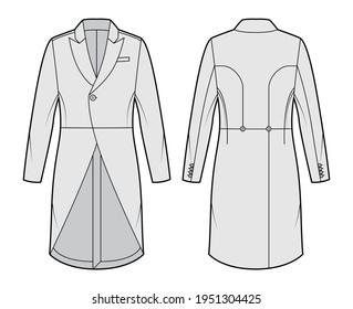 Morning coat jacket technical fashion illustration with long sleeves, peaked lapel collar, cutaway front, welt pocket. Flat template, back, grey color style. Women, men, unisex top CAD mockup