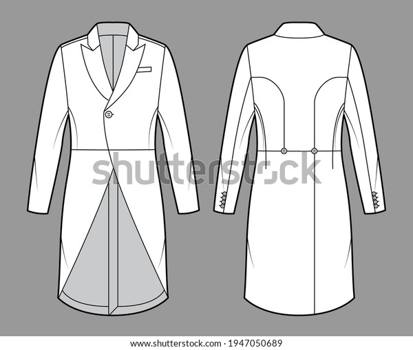 Morning coat jacket technical fashion illustration
with long sleeves, peaked lapel collar, cutaway front, welt pocket.
Flat template, back, white color style. Women, men, unisex top CAD
mockup