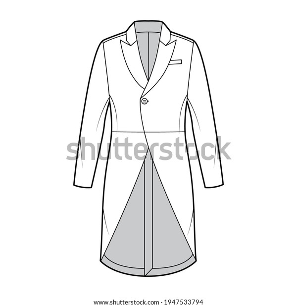 Morning coat jacket technical fashion illustration
with long sleeves, peaked lapel collar, cutaway front, welt pocket.
Flat template, white, color style. Women, men, unisex top CAD
mockup