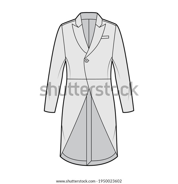 Morning coat jacket technical fashion illustration
with long sleeves, peaked lapel collar, cutaway front, welt pocket.
Flat template, grey color style. Women, men, unisex top CAD
mockup