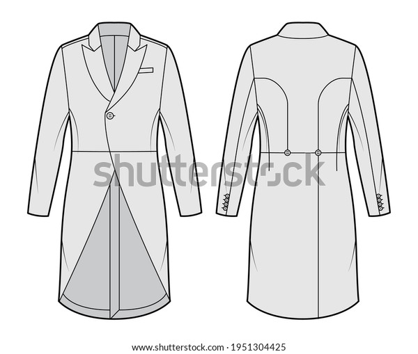 Morning coat jacket technical fashion illustration\
with long sleeves, peaked lapel collar, cutaway front, welt pocket.\
Flat template, back, grey color style. Women, men, unisex top CAD\
mockup