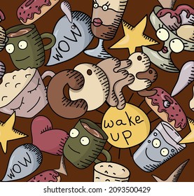 Morning coffe doodle seamless pattern