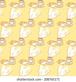 Morning coffee. Breakfast with croissant. Vector seamless pattern.