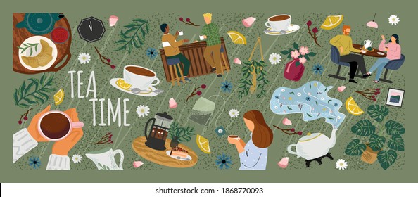 Morning coffee in cafe concept vector poster. People at a table in a restaurant drink tea. Friends meeting for breakfast. People drink hot tea. Table with tea pot and cups