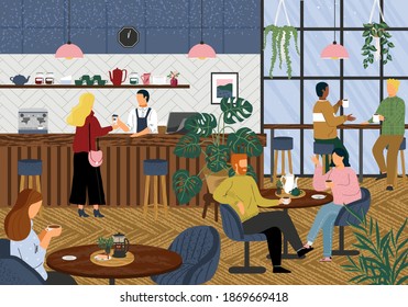 Café matutino en café concepto ilustración vectorial. La gente en una mesa en un restaurante bebe té. Amigos reunidos para desayunar. La gente bebe té caliente y habla. La mujer pide café en el mostrador