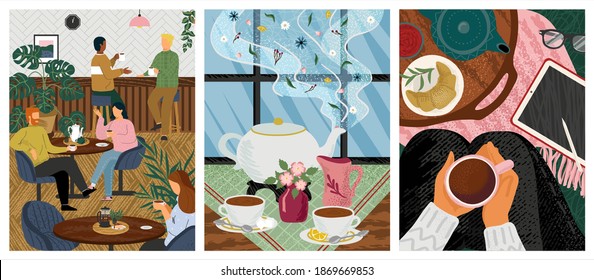 Morning coffee in cafe concept vector illustration. People at a table in a restaurant drink tea. Friends meeting for breakfast. Woman sit on a floor and drink hot tea. Table with tea pot and cups