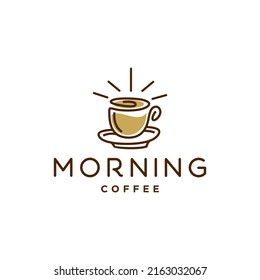 morning coffee cafe logo. coffee sunrise sunset tea morning line outline logo with mug and cup also sun hipster logo icon design for cafe , restaurant cafetaria illustration