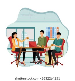 Morning in the coffee concept. Morning in the office with desks and teamwork. Group enjoying hot coffee in the morning near laptops.