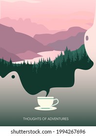 Café matutino - Café con hermoso amanecer en un paisaje con bosque, montañas y cielo. Ilustración vectorial editable