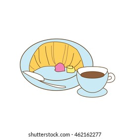 morning coffee cup with croissant bread doodle i con vector on white background 