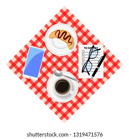 Morning coffee cup with croissant, to do list, pen, mobile phone and glasses. Top view. Planning concept. Vector illustration.