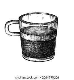  Morning coffee cup - hand-sketched illustration. Vector sketch of  mug with aromatic espresso coffee. Hot drink hand-drawing isolated on white background