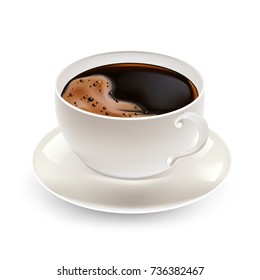 Morning coffee. A Cup of Coffee and saucer, top view, realistic vector