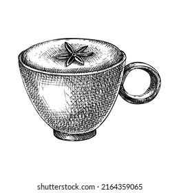 Morning coffee cup sketch. Sketched drink illustration. Vector sketch of mug with aromatic cappuccino. Coffee with milk and spices sketch. Hot drink drawing isolated on white background
