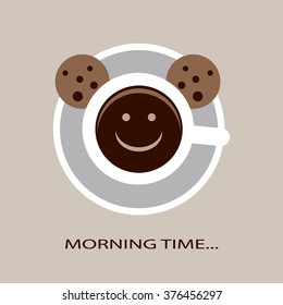 Morning coffee cup time with froth in the form of smiley face. Poster with cup dark coffee and cookies on isolated background. Vector image for good mood, energy and active day