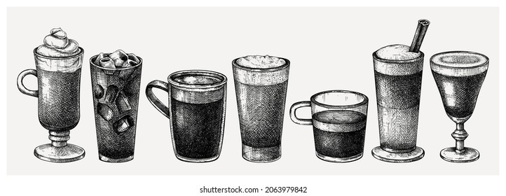 Morning coffee cups collection. Hand-sketched illustrations. Vector sketches of glasses and mugs with aromatic caffeine drinks. Popular coffee hand-drawings in vintage style. Vector beverages set.