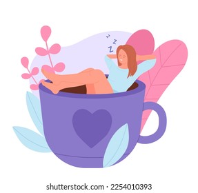 Morning coffee cups with sleepy tired woman vector illustration. Cartoon isolated big mugs with lazy and exhausted female tiny character without energy in need rest and sleep