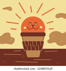 Morning coffee. Cute smiling sun, coffee, clouds.