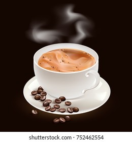 Morning coffee. Design Poster of Cup of Coffee. Realistic, vector Illustration. Coffee beans. Coffee aroma