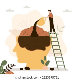 Morning coffee drinking, barista or waiter holds mug and pours hot drink into head. Energy recharge, coffee break. Refueling mind with energy and fresh ideas. Part of body. Flat vector illustration