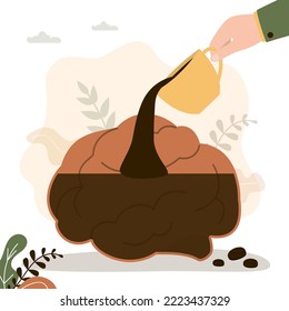 Morning coffee drinking, human hand holds mug and pours hot drink into the brain. Energy recharge, coffee break. Refueling the mind with energy and fresh ideas. Part of body. Flat vector illustration