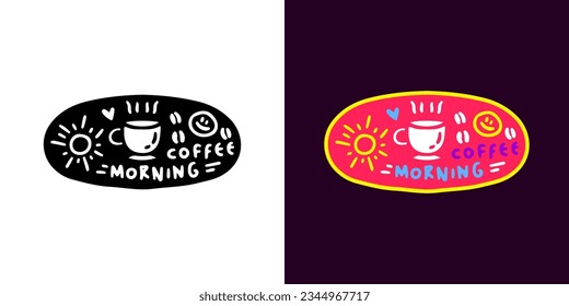 Emblema de café matutino, ilustración para camisetas, pegatinas o prendas de vestir. Con doodle, retro, groovy y estilo de dibujos animados.