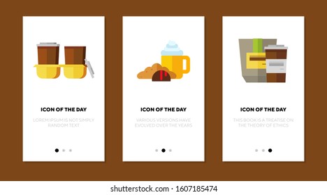 Morning coffee flat icon set. Takeaway cups, latte, bakery. Coffee shop, breakfast, break concept. Vector illustration symbol elements for web design