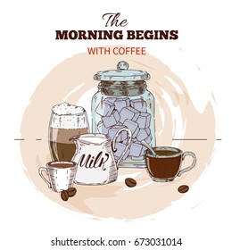 Morning coffee hand drawn round design with beverages in cups roasted beans marshmallow and milk vector illustration